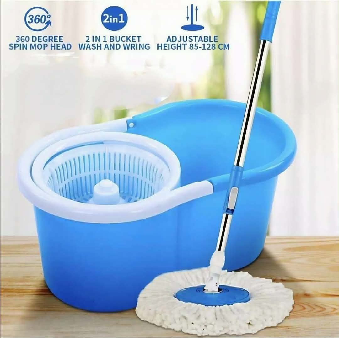 360° ROTATING EASY WRING SPIN SPINNING MOP FLOOR BUCKET SET 2 MICROFIBRE HEADS
